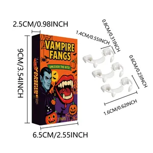 Detailed size specifications for three pairs of Halloween vampire fangs and display box