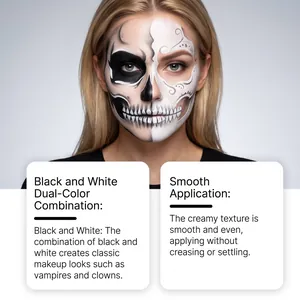 Vue détaillée montrant l'application lisse du maquillage Halloween noir et blanc de fête.