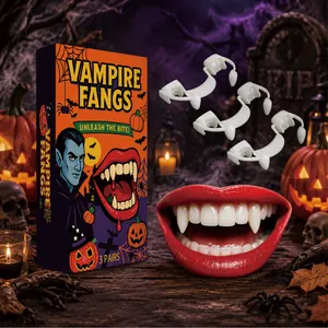 Realistic vampire fangs set for Halloween costume parties, 3 pairs included in gift box.
