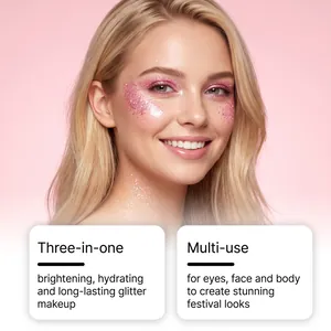 Gros plan d'un maquillage au gel pailleté rose sur un mannequin pour un look de festival