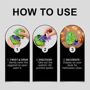 Three-step tutorial showing how to use the 3D printed Halloween spider egg surprise toy