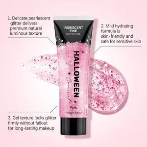 Gel pailleté rose Halloween iridescent montrant la texture et trois avantages