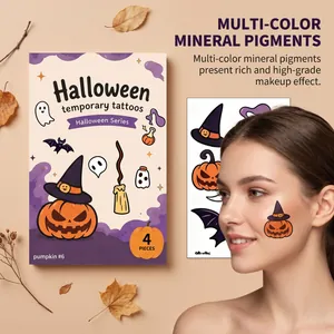 Detailed view of Halloween temporary tattoo stickers featuring pumpkin and witch hat designs