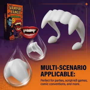 Detailed close-up of white Halloween vampire fangs with packaging and scenario description.