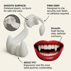 Detailed view of white vampire fangs cosplay prop with comfortable adult fit features
