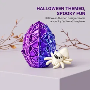 Close-up of 3D printed purple spider egg and spider figurine for Halloween decor
