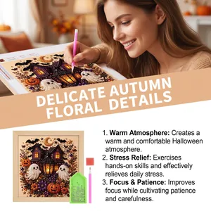 Halloween DIY diamond painting kit with ghost pumpkin and castle motifs for stress relief