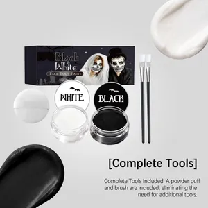 Kit de maquillage Halloween noir et blanc avec pinceaux et houppe pour déguisements