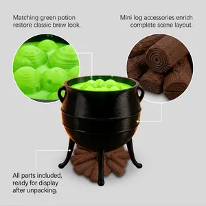 Detailed view showing 3D printed witch cauldron with green potion and log base accessories