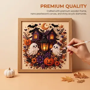 Close-up of Halloween ghost diamond art kit with premium wooden frame details