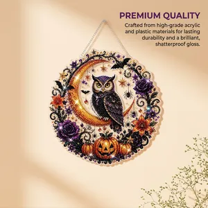 Detailed view of the premium acrylic diamond art owl wall hanging for Halloween decor.