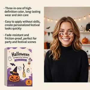Model showing Halloween pumpkin temporary tattoos for festive party makeup looks