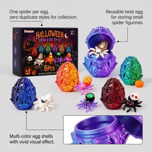 Gedetailleerd overzicht van 3D-geprinte Halloween-spinnen met kleurrijke herbruikbare eieren