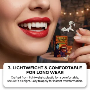 Detail view of lightweight plastic vampire fangs for comfortable Halloween wear
