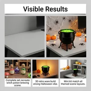 Detailed view of Halloween witch cauldron toy set in various themed desktop scenes