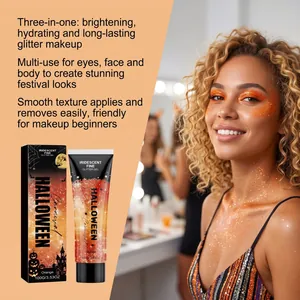 Gel pailleté orange Halloween pour visage et corps sur un modèle au maquillage festif