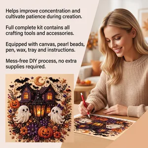 DIY Halloween diamond art kit with ghosts, pumpkin, and castle design.