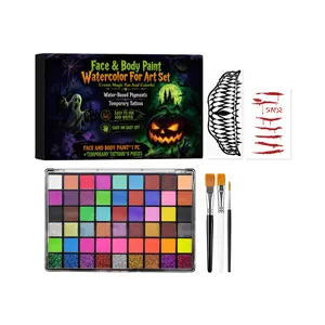 Palette de Peinture Visage et Corps Halloween 60 Couleurs avec 3 Pinceaux et Tattoos