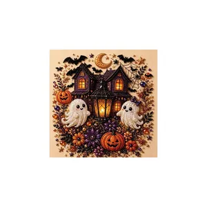 Festive Halloween DIY diamond painting kit with ghosts, pumpkin and haunted castle motifs.