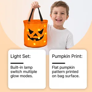 Detailed view of LED light-up feature and printed pattern on Halloween pumpkin bucket