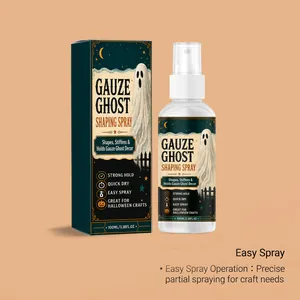 Gauze Ghost Shaping Spray voor Halloween-ambachten getoond met verpakking en fles