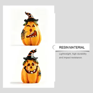 Close-up detail of resin Halloween pumpkin ornaments with realistic wood grain texture