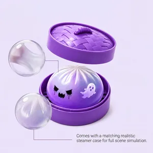Detail view of purple ghost squishy with its matching realistic steamer case.