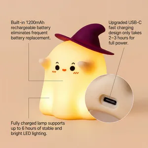 Dettaglio della luce notturna fantasma di Halloween con porta USB-C e specifiche.