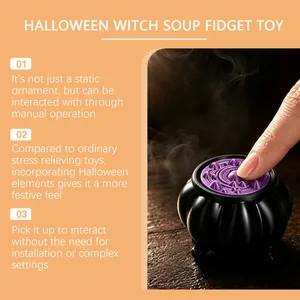 Close-up of interactive Halloween witch soup cauldron fidget toy being pressed by finger