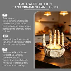 Detailed view of a resin skeleton hand candle holder with text describing features.