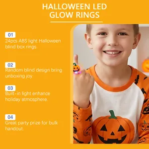 Detailansicht eines Kindes mit orangefarbenem LED-Kürbisring für Halloween-Partys