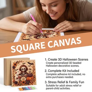 Complete DIY 3D diamond painting kit featuring a Halloween skeleton drummer and pumpkins.