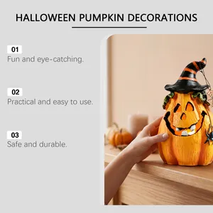 Detail of resin Halloween pumpkin decoration with realistic wood grain texture
