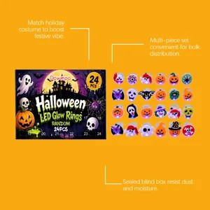 Set mit 24 Halloween-LED-Leuchtringen mit gruseligen Charakterdesigns in einer Blindbox