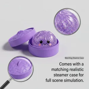Detailed view of the purple glitter baozi squeeze toy with its matching steamer case.