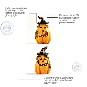 Detailed view of hand-painted Halloween pumpkin decor with hollow interior for LED.