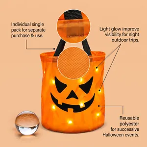 Detailed view of LED Halloween pumpkin candy bucket features and durable polyester fabric