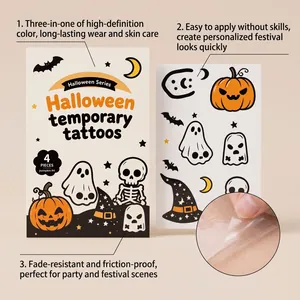 Detail view of Halloween temporary tattoos featuring pumpkin, ghost, and skull designs.