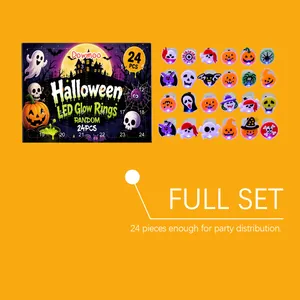 Sammlung von 24 farbenfrohen Halloween-LED-Leuchtringen mit gruseligen Geister- und Kürbisdesigns
