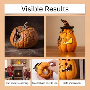 Details of durable resin Halloween pumpkin decoration featuring a safe LED candle light
