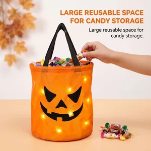 LED Halloween pumpkin bucket with large storage space and glowing jack-o'-lantern design