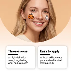 Detailed view of Halloween pumpkin and ghost face tattoo stickers on a smiling model