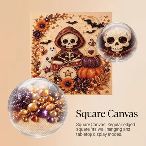 Detailed macro view of Halloween skeleton diamond painting kit with square canvas and beads