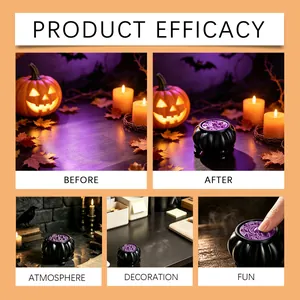 Halloween witch cauldron toy shown in several atmosphere and decoration scenes.