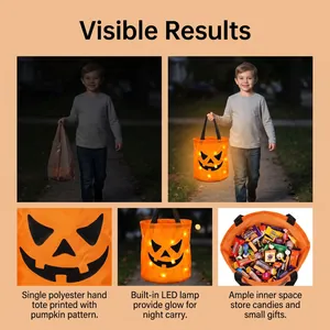Comparison showing the bright LED glowing pumpkin bucket versus a regular bag at night.