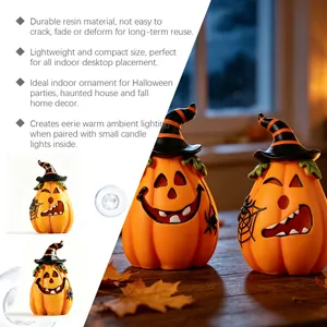 Detail of Halloween resin pumpkin decor with realistic wood grain and witch hat