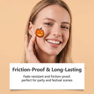 Detail showing friction-proof Halloween pumpkin face tattoo on model's cheek for festival