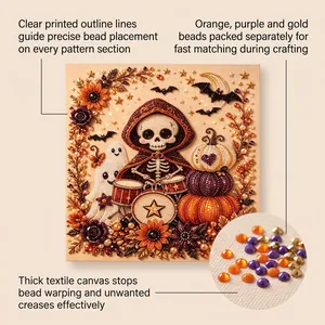 Detailed view of Halloween DIY diamond painting canvas and colorful resin beads.