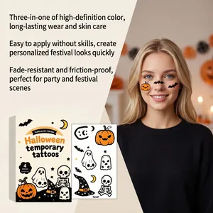 Detailed view of Halloween temporary tattoos with ghost and pumpkin designs on model.
