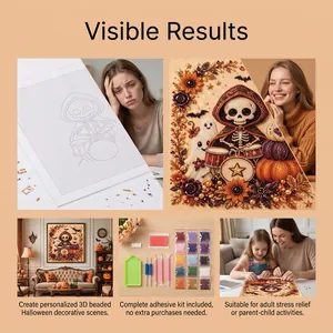 Detail of DIY 3D Halloween skeleton beaded painting kit including tools and finished result